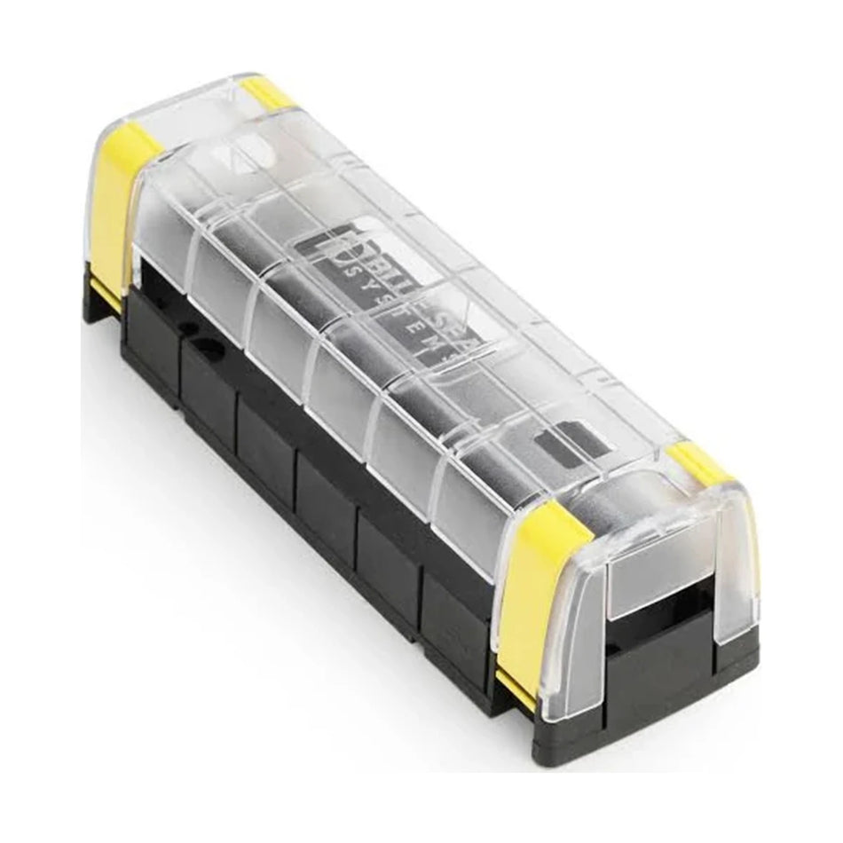 Clear polycarbonate and black nylon insulating cover for MaxiBus busbars with yellow clips