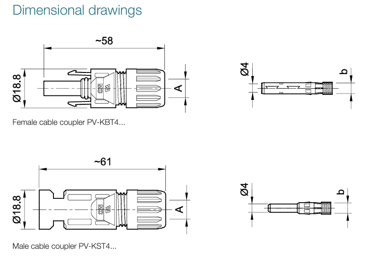 Technical dimensional drawing of MC4 male and female cable couplers with measurements in millimetres