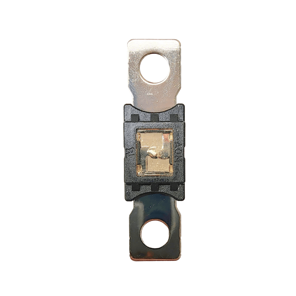 Rear view of 100A Mega fuse showing solid tin-plated copper construction