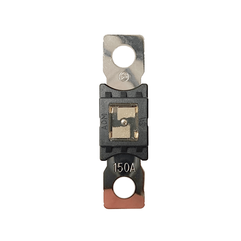 Top-down view of 150A Mega fuse with black housing and clear window