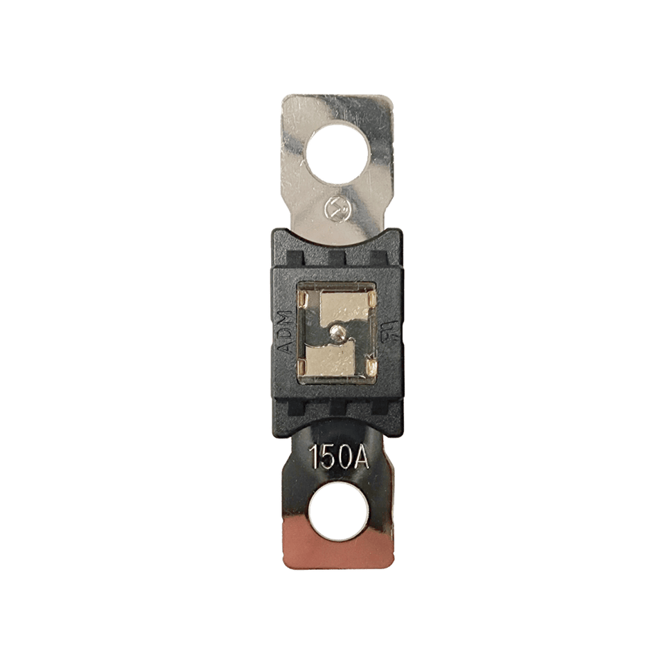 Top-down view of 150A Mega fuse with black housing and clear window