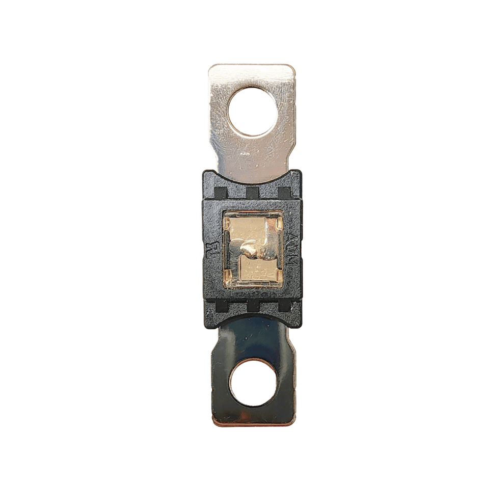 Rear view of 150A Mega fuse showing solid tin-plated copper construction