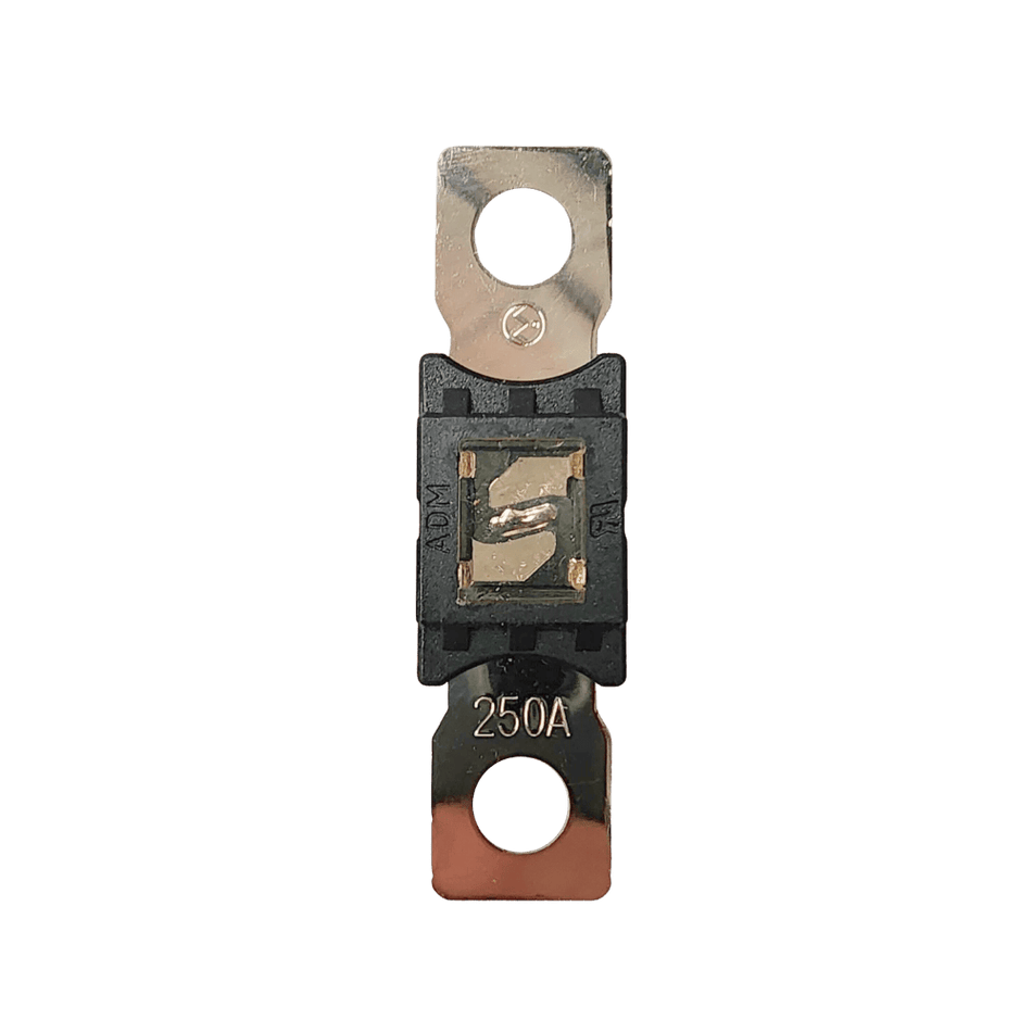 Top-down view of 250A Mega fuse with black housing and clear window