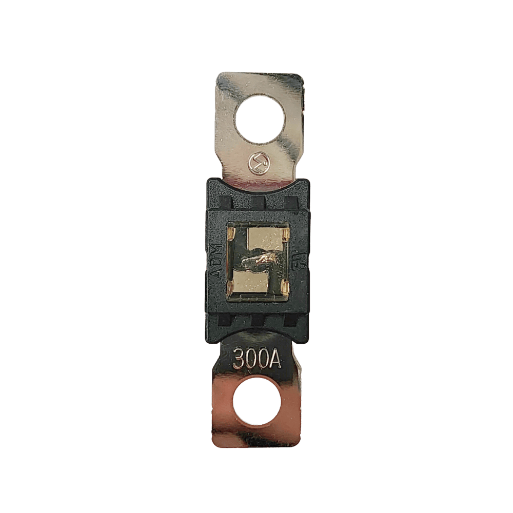Top-down view of 300A Mega fuse with black housing and clear window