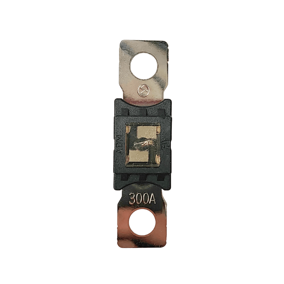 Top-down view of 300A Mega fuse with black housing and clear window