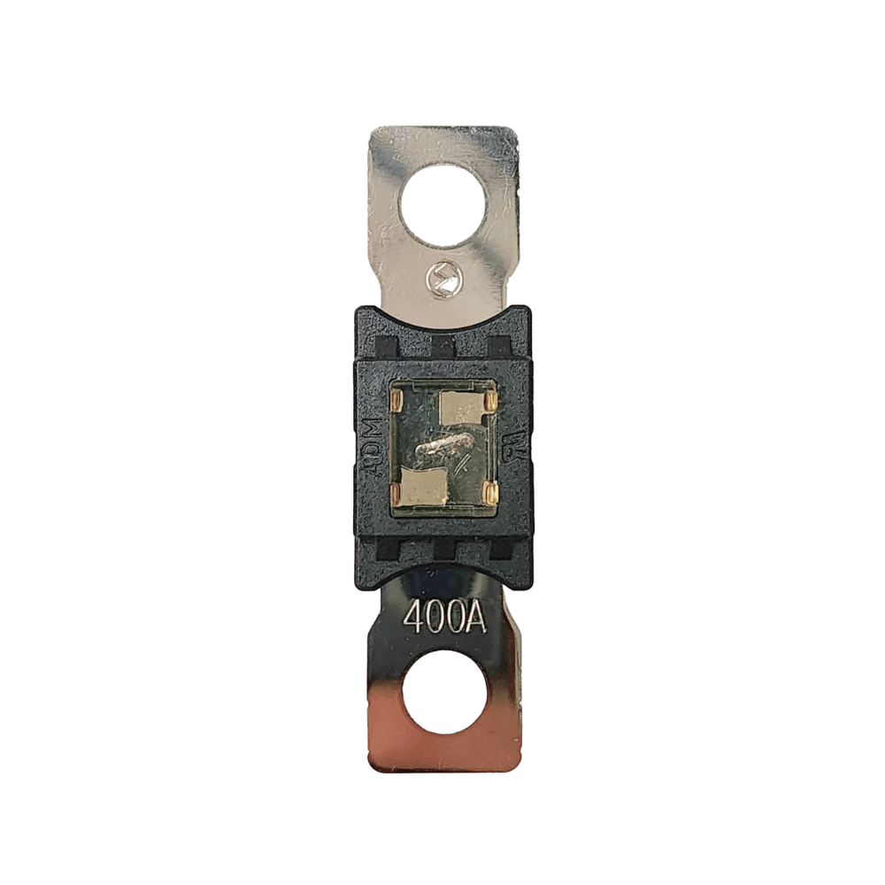 Top-down view of 400A Mega fuse with black housing and clear window