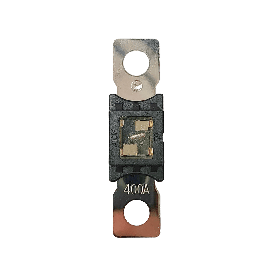 Top-down view of 400A Mega fuse with black housing and clear window