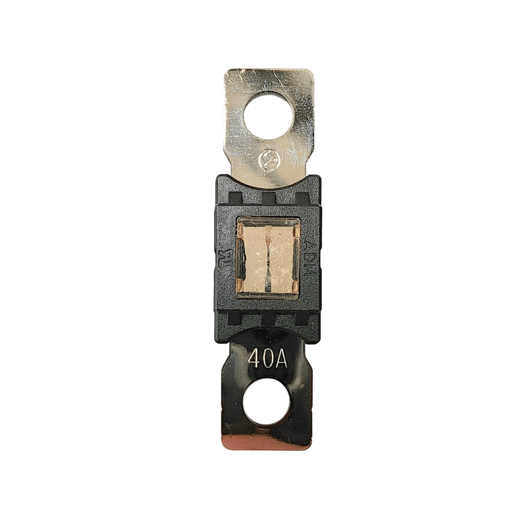 Top-down view of 40A Mega fuse with black housing and clear window