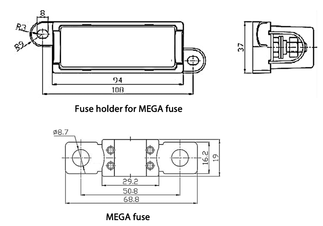 Technical dimension drawing for a MEGA fuse and fuse holder showing measurements in millimetres