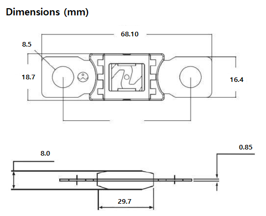 Technical drawing of Mega fuse dimensions including 68.1mm length