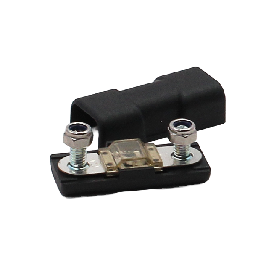Inline MIDI fuse holder with transparent fuse fitted and black cover positioned behind