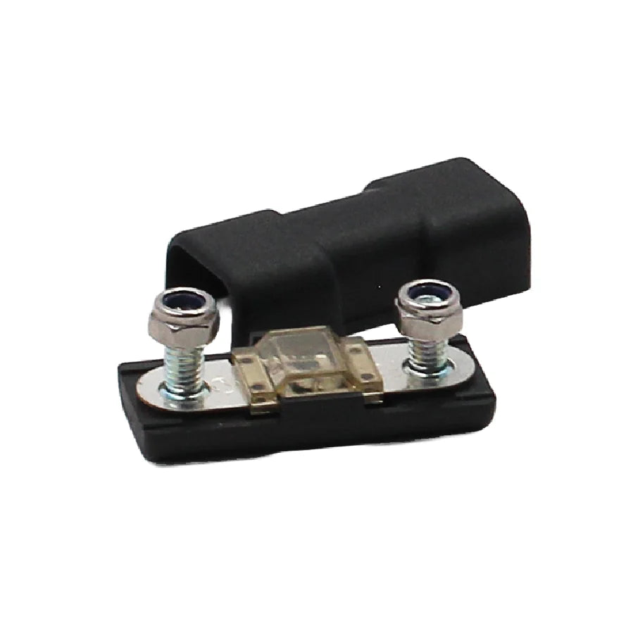 Inline MIDI fuse holder with transparent fuse fitted and black cover positioned behind
