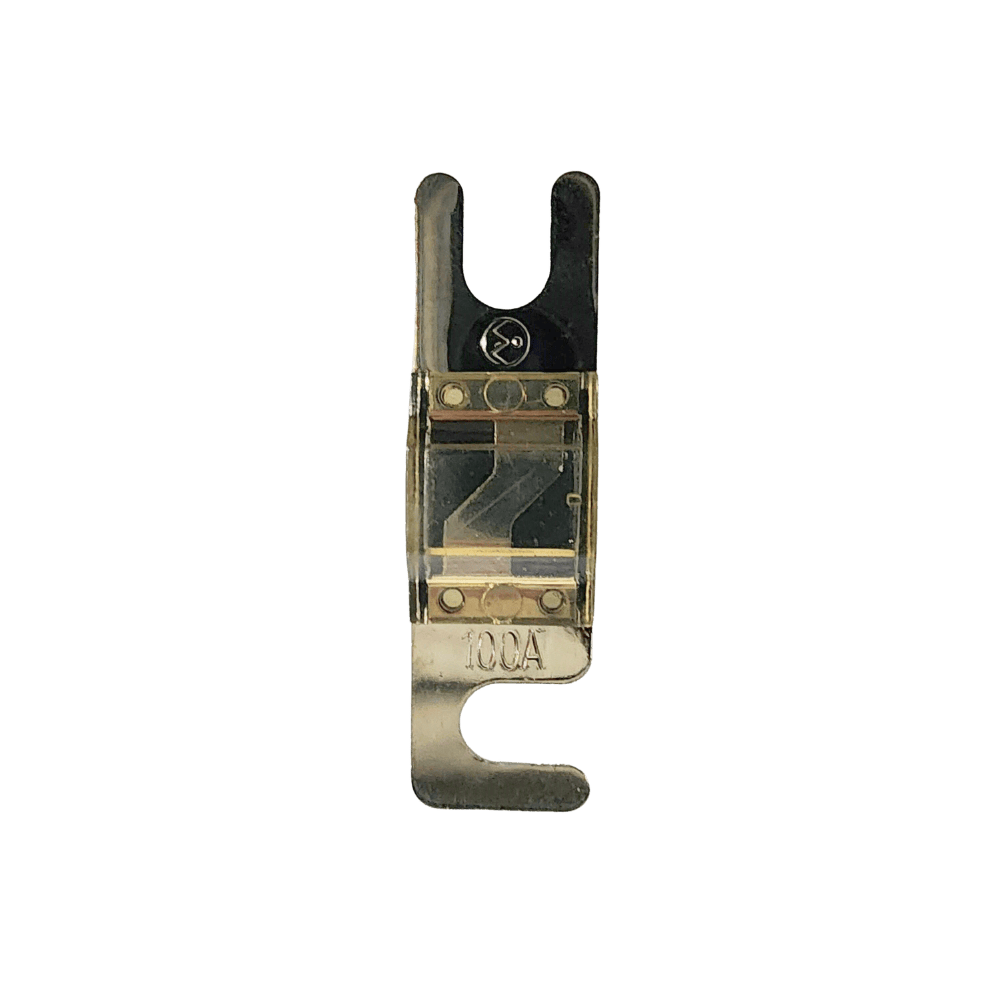 Top view of 100A Midi fuse featuring clear housing and tin-plated terminals