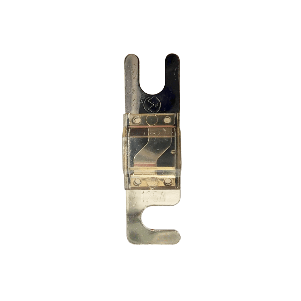 Top view of 125A Midi fuse featuring clear housing and tin-plated terminals
