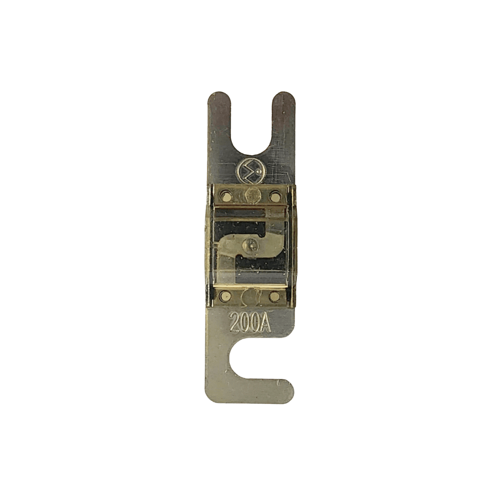 Top view of 200A Midi fuse featuring clear housing and tin-plated terminals