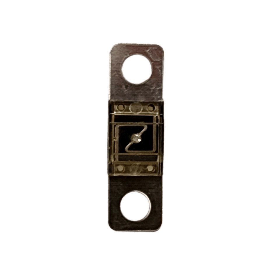 Exotronic 200A Midi fuse front view showing clear window with visible element and M6 mounting holes