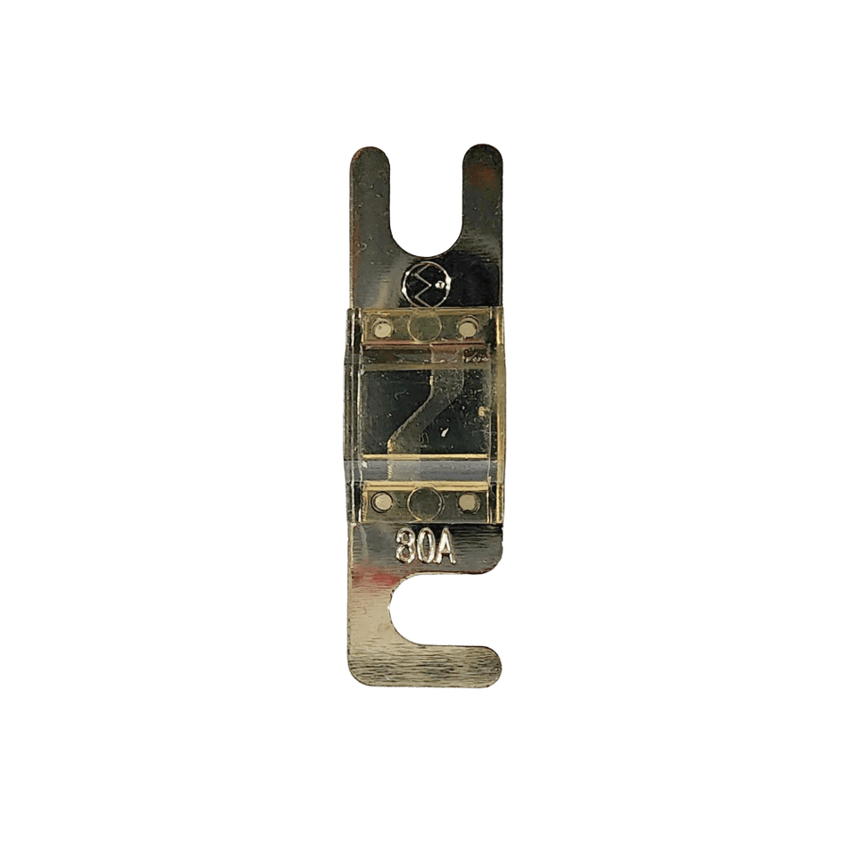 Top view of 80A Midi fuse featuring clear housing and tin-plated terminals