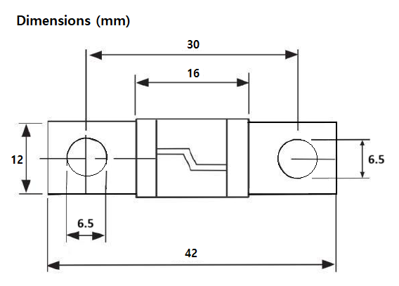 Technical dimensional drawing of M6 Midi fuse showing 42mm length and 30mm hole spacing
