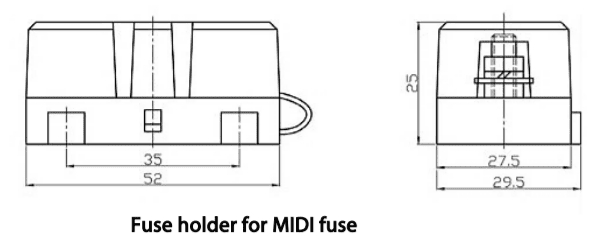 Dimensional drawing of a MIDI fuse holder showing metric measurements in millimetres