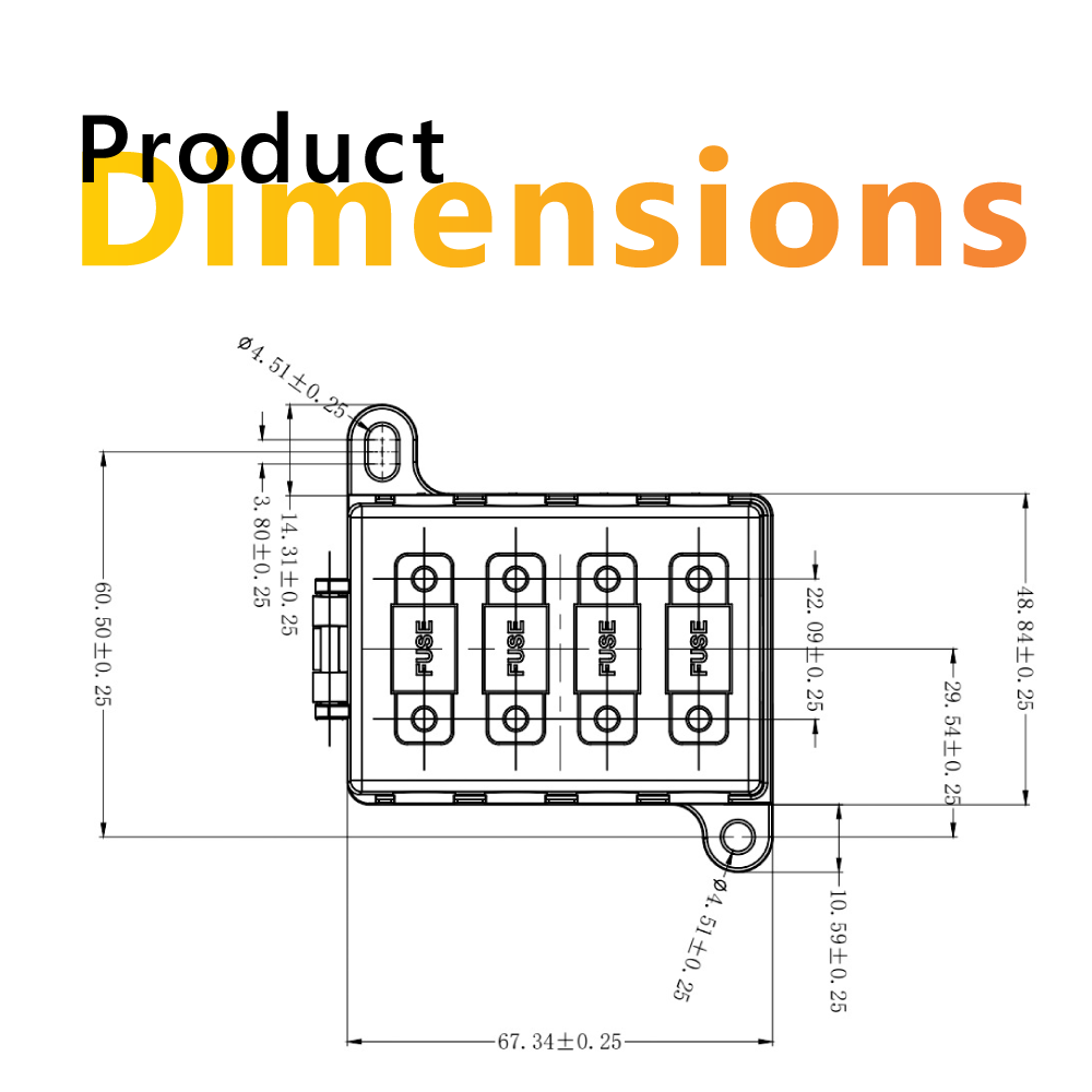Top-down technical line drawing displaying width, length and mounting hole positions