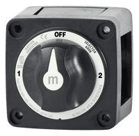 Angled view of black marine battery selector switch with grey knob and position labels OFF, 1, and 2