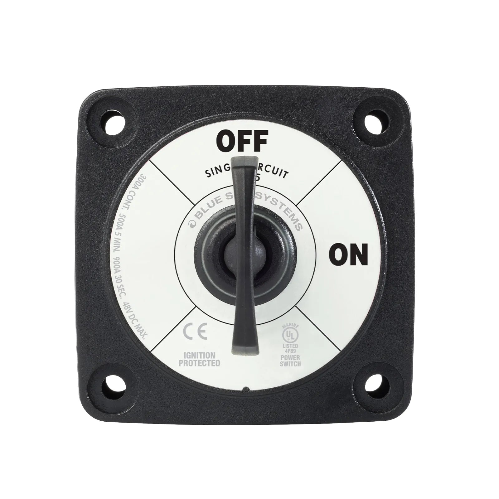 Front view of the black 300A battery switch showing key knob and safety markings