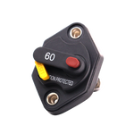 Angled front view of 60A mini panel mount DC circuit breaker showing red trip button and yellow reset lever