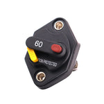 Angled front view of 60A mini panel mount DC circuit breaker showing red trip button and yellow reset lever