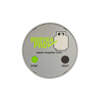 Top-down view of silver Mopeka Pro Check LPG sensor with green sync button and branding