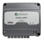 Front view of 20A MPPT solar charge controller showing status LEDs, dual USB ports and wiring terminals