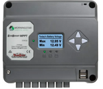 Grey Morningstar EcoBoost MPPT 20A solar charge controller featuring LCD screen, navigation buttons and USB charging ports
