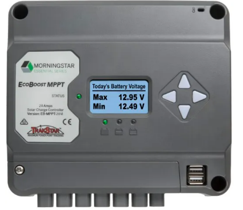 Grey Morningstar EcoBoost MPPT 20A solar charge controller featuring LCD screen, navigation buttons and USB charging ports