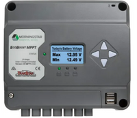 Grey Morningstar EcoBoost MPPT 20A solar charge controller featuring LCD screen, navigation buttons and USB charging ports