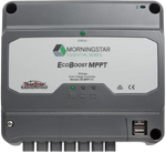 Front view of grey Morningstar EcoBoost MPPT 40A solar charge controller with status LEDs and USB ports