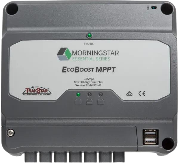 Front view of grey Morningstar EcoBoost MPPT 40A solar charge controller with status LEDs and USB ports