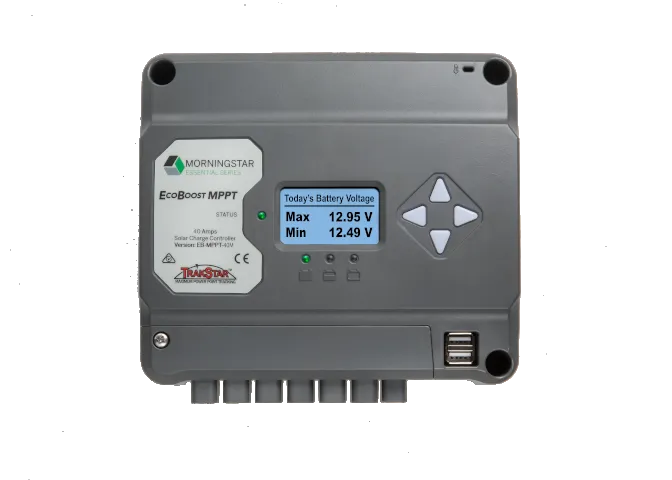 Front view of Morningstar EcoBoost MPPT 40A solar controller with LCD display and dual USB ports