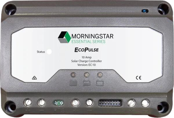 Front view of 10A PWM solar charge controller showing status LEDs, wiring terminals and configuration switches