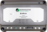Front view of 10A PWM solar charge controller showing status LEDs, wiring terminals and configuration switches