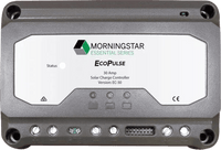 Front view of Morningstar EcoPulse 30A PWM solar charge controller showing status LEDs and connection terminals