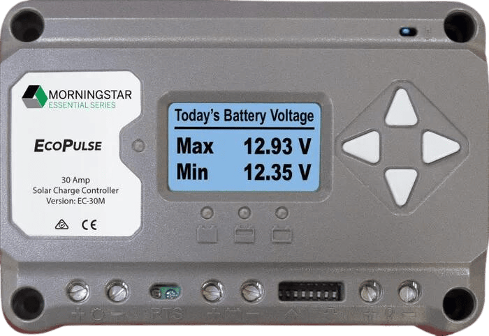 Morningstar EcoPulse PWM 30A solar charge controller with digital display and navigation buttons