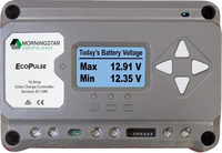 Grey Morningstar EcoPulse 10A solar charge controller featuring LCD display, navigation buttons and bottom wire terminals