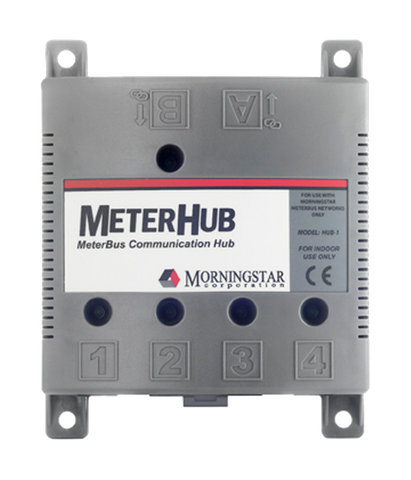 Front view of Morningstar MeterHub communication hub with networking ports and status LEDs for solar systems
