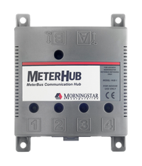 Front view of Morningstar MeterHub communication hub with networking ports and status LEDs for solar systems