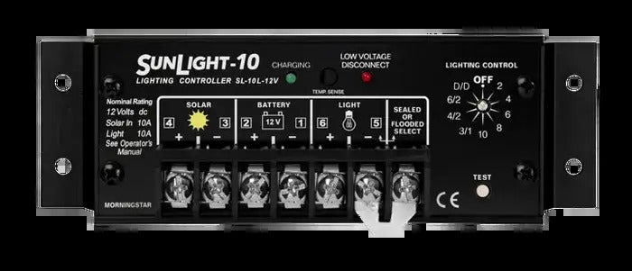 Front interface of Morningstar SunLight 12V 10A solar lighting controller with terminal labels and rotary dial