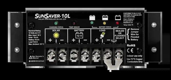 Front view of Morningstar Sunsaver 10L solar charge controller with LED indicators and screw terminals