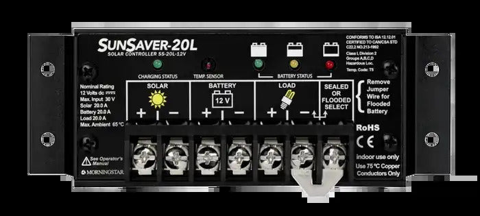 Morningstar SunSaver 20A 12V solar charge controller with LED indicators and screw terminal block