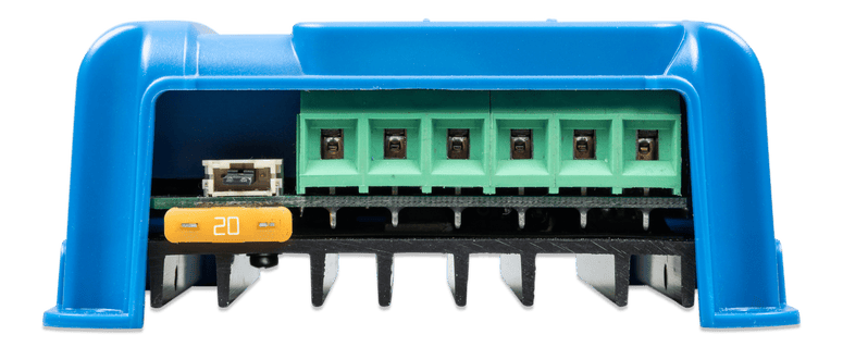 Direct bottom view showing terminal block, replaceable fuse and cooling fins