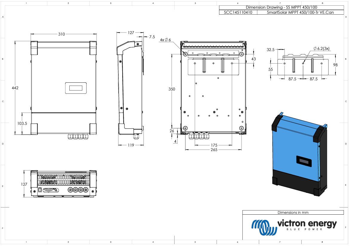 Dimensional drawing of the SmartSolar MPPT RS showing physical measurements and mounting points