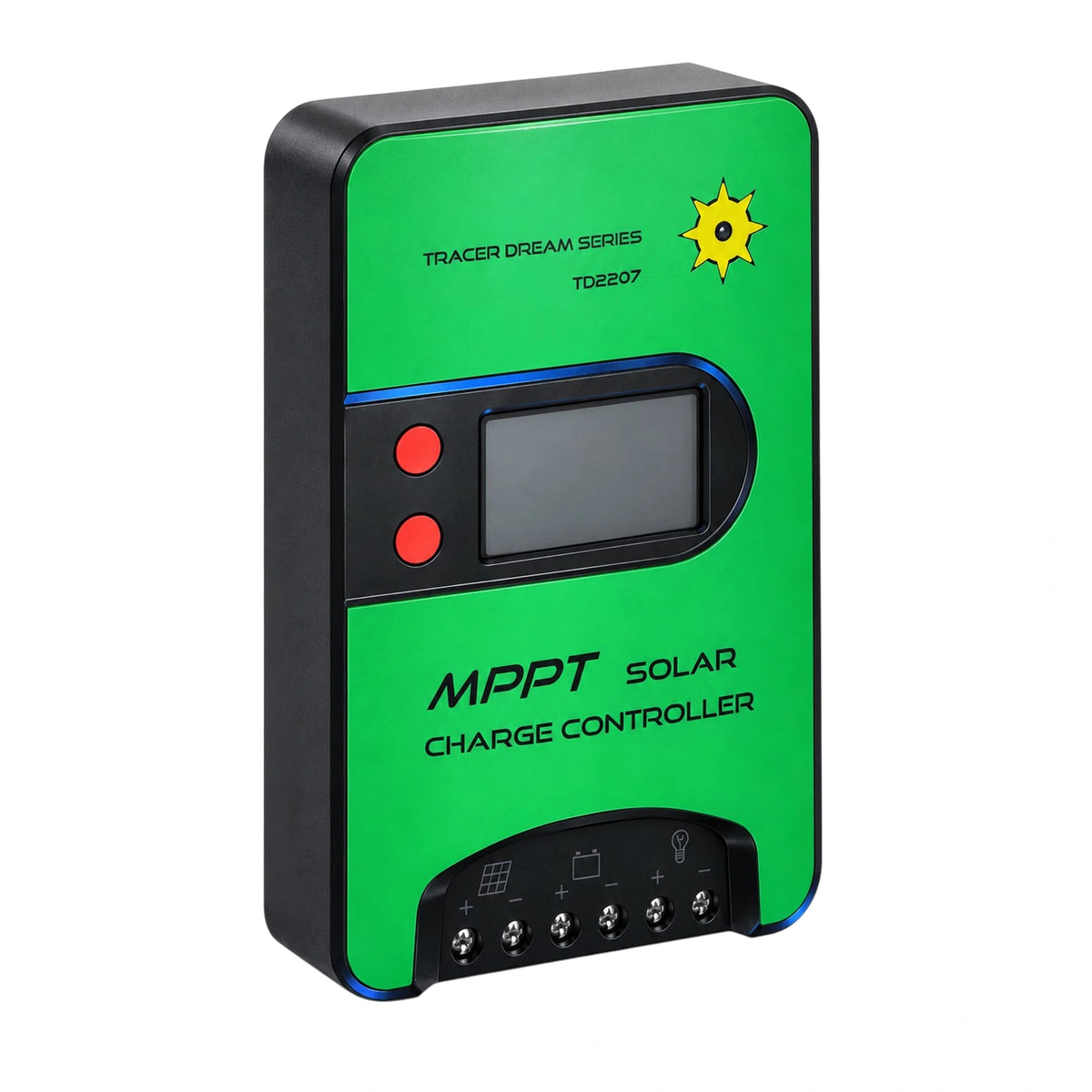 Angled view showing the slim profile and terminal enclosure of the solar controller