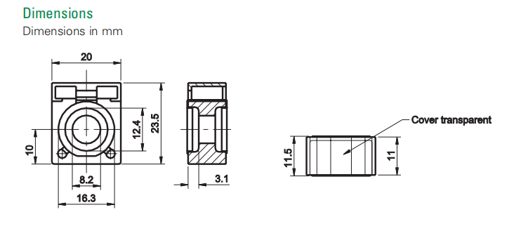 Technical dimensional drawing of the fuse block showing width, height and mounting hole spacing in millimeters